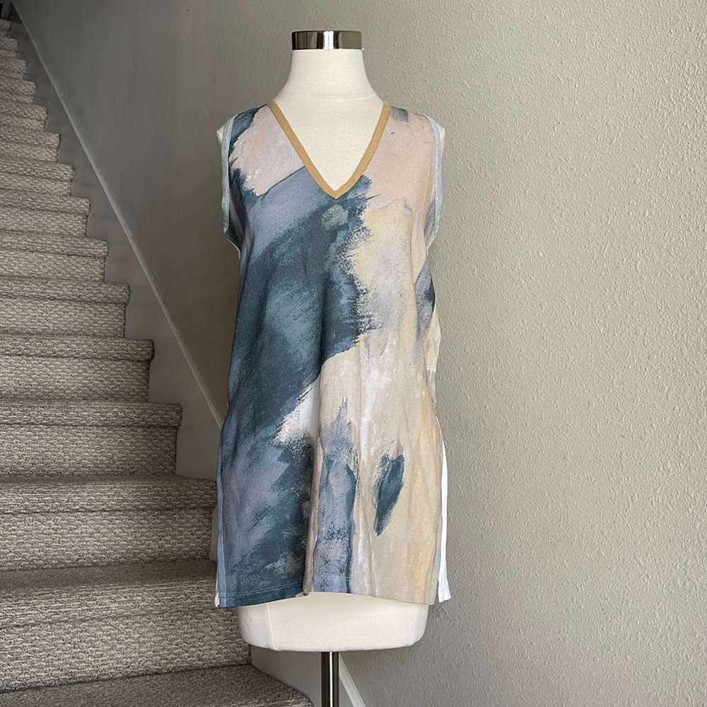 Zara W/B Collection Sz M Gray/Tan/ Gold Tie Dye Tank Top with high Side Slits